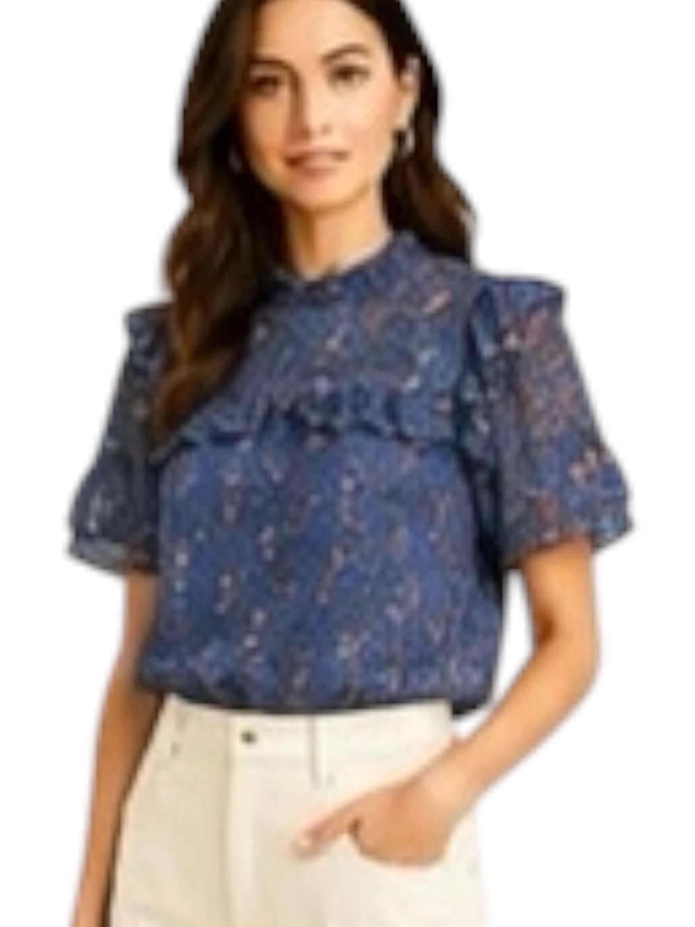 Loft | Blue Floral Short Sleeve Ruffled Blouse Size Petite Small EUC